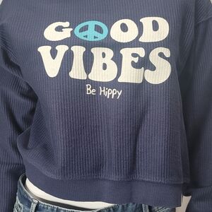 Blue Ribbed Crop Hoodie with Long Sleeves